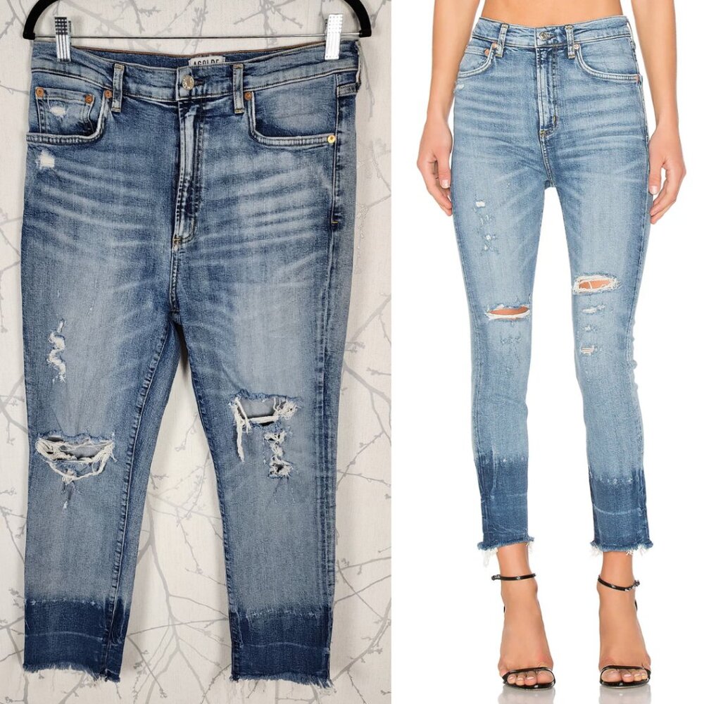 Agolde Light Wash Distressed High Rise Ruby Slim Crop Jeans